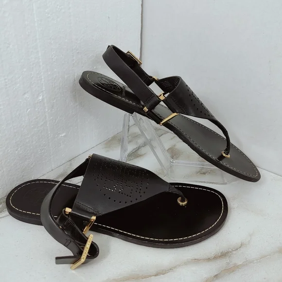 EUC Tory Burch Black Perforated Leather Logo Thong Sandals, Sz 7 - Picture 4 of 9